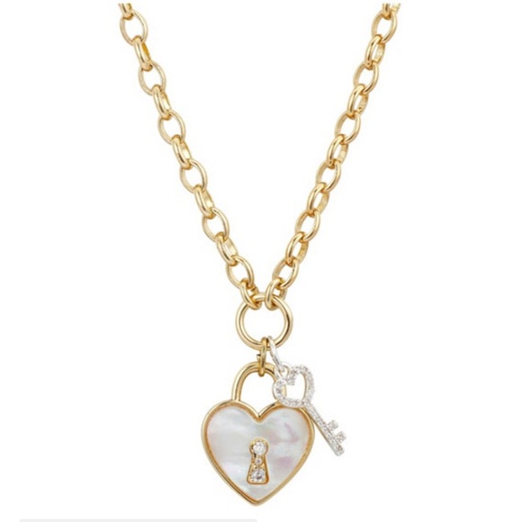 Cubic Zirconia Key and Genuine Mother of Pearl
Inlay Stone Heart Necklace - Picture 7 of 7